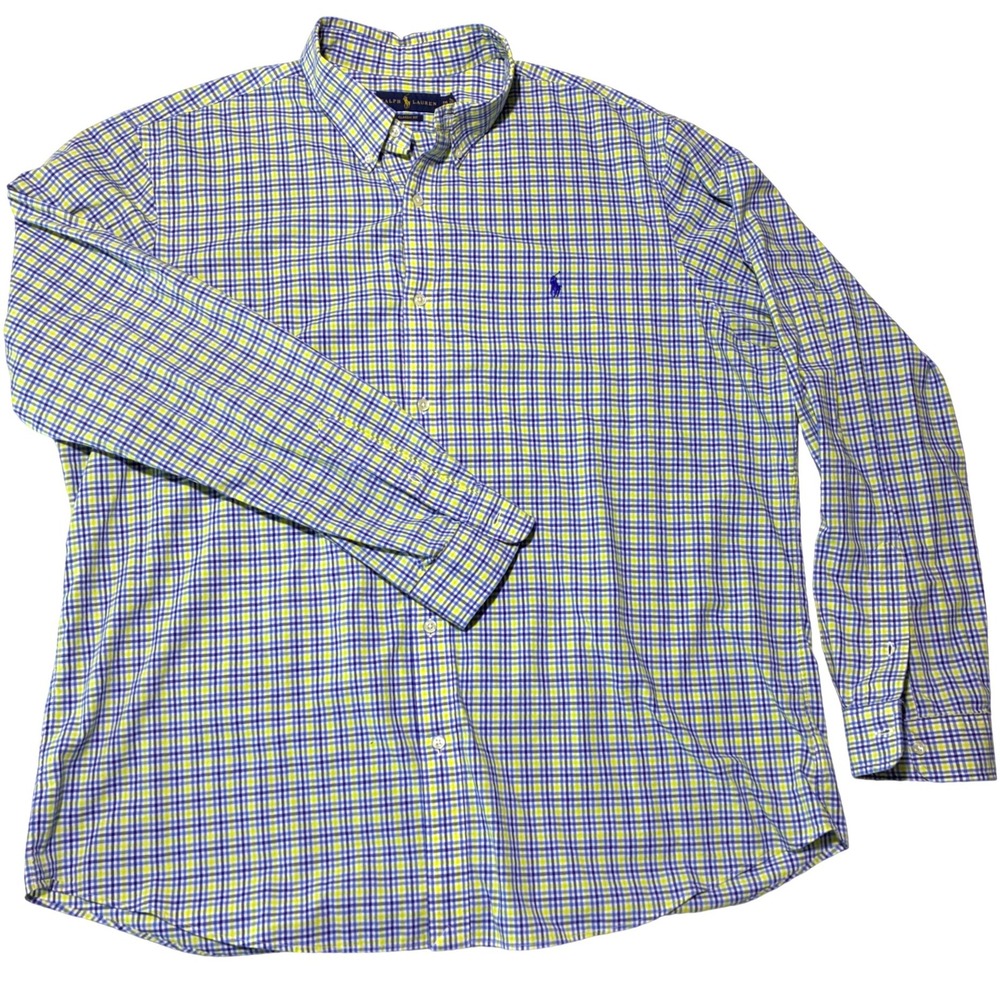 Ralph Lauren Button Plaid Shirt Men's XXL 2Xl Down Blue Yellow Plaid Classic Fit